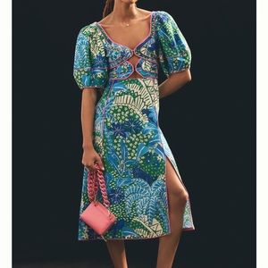 FARM RIO JUNGLE PANTHER PUFF-SLEEVE CUTOUT DRESS